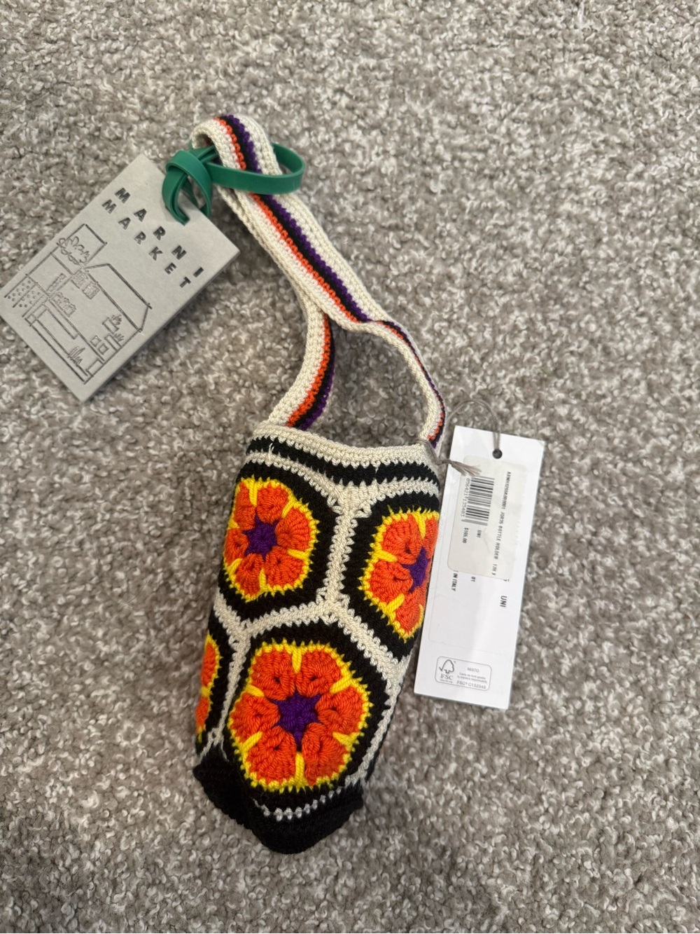 Marni Crochet water bottle holder in Orange, Black & Purple Floral Motifs